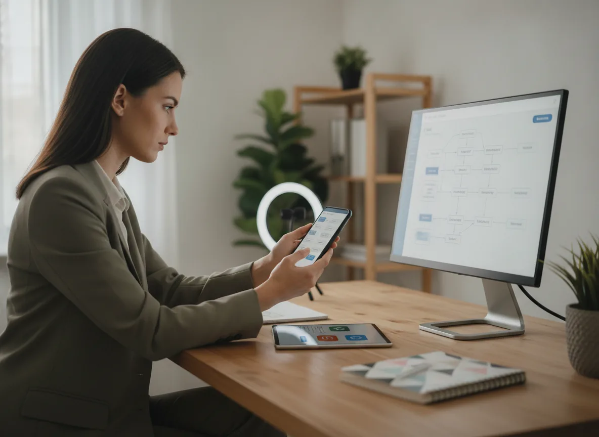 business owner reviewing automated messaging workflow on smartphone