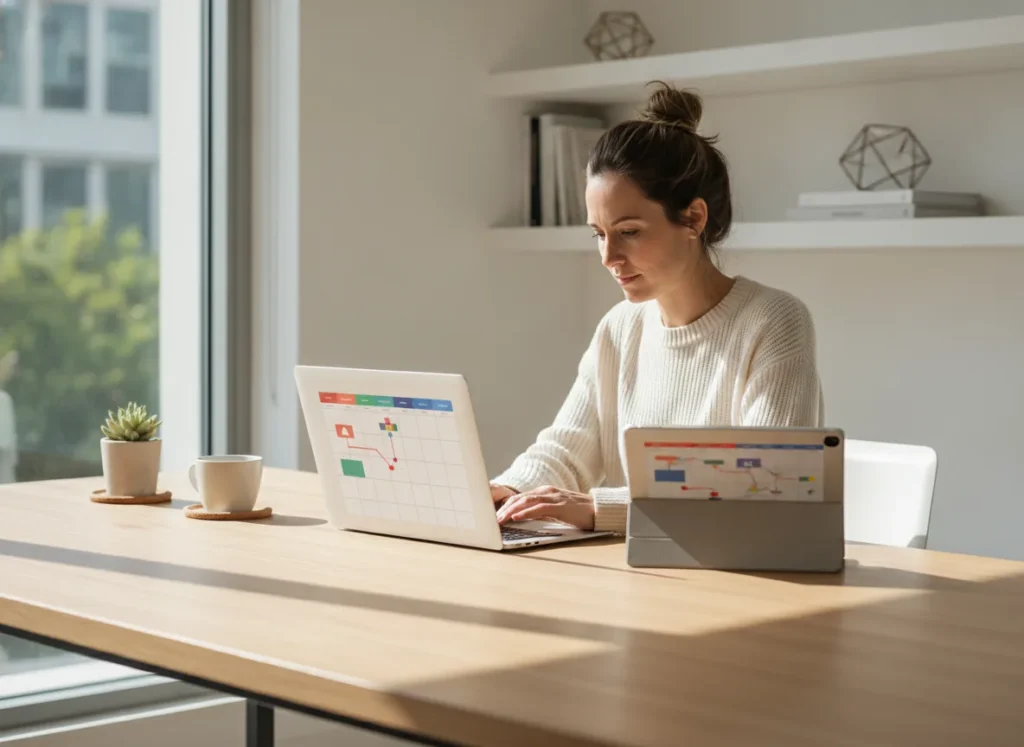 Professional social media manager at a laptop planning