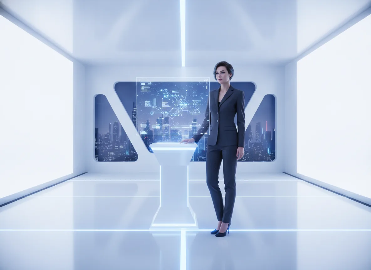 Clean futuristic editorial, confident and efficient mood, crisp